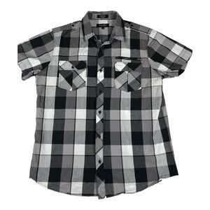 Eighty Eight Platinum Men's Plaid Button Down Shirt Short‎ Sleeve Gray Black